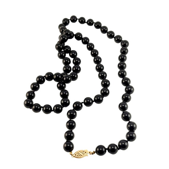 Black Onyx 8mm Beaded Necklace Hand Knotted 14K Y… - image 3