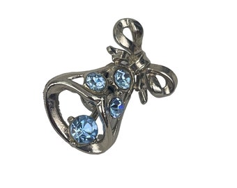 Vintage Bell Pendant With Bow & Blue Gemstones Silver-Toned Metal Elegant Charm 1 Inch