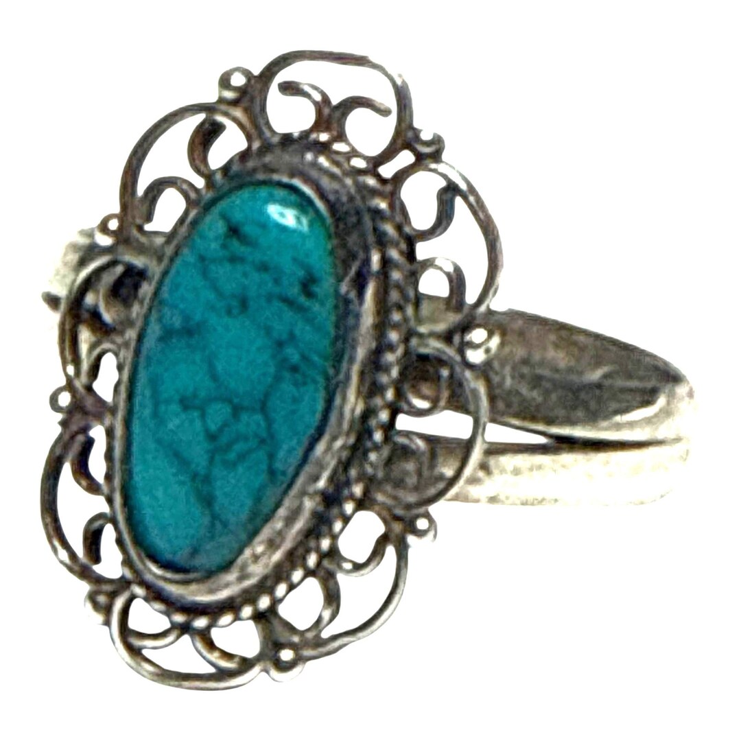 Vintage Sterling Silver Oval Turquoise Filigree Ring Boho Southwest ...