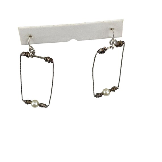 Handcrafted Wire & Pearl Rectangular Dangle Earri… - image 5