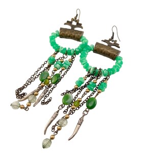 Boho Green Tribal Drop Statement Earrings Large Drops with Metal Vintage 1970s