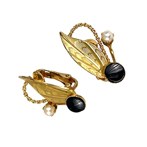 Boucles D'oreilles Vintage Couleur Or à Clip Avec Perle Noire - Modèle 3339, Occasion
