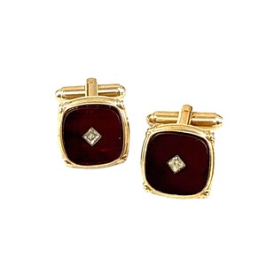 Vintage Gold Tone Red Enamel Cufflinks Diamond Accent Classic Square Design