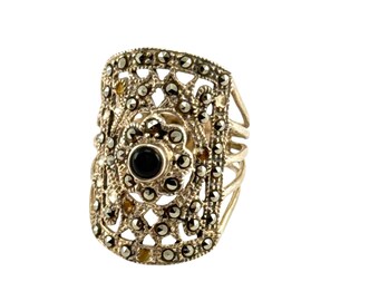 Vintage Sterling Silber Filigran Markasit Ring Schwarzer Onyx Art Deco Stil Gr. 8