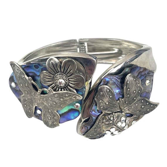 Silver Cuff Butterfly Flower Abalone Shell Woodla… - image 1