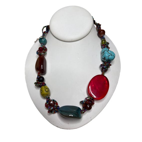 Handmade Multicolor Gemstone Bead Statement Neckl… - image 1