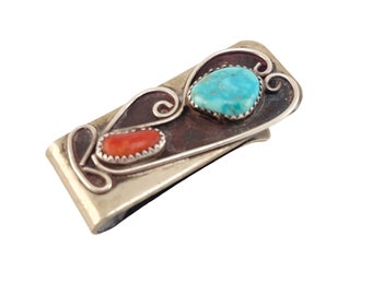 Turquoise and Coral Money Clip Navajo 2 Inches Vintage