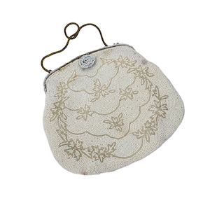 Carry Made In France Vintage White Beaded Handbag With Floral Patterns & Metal Clasp