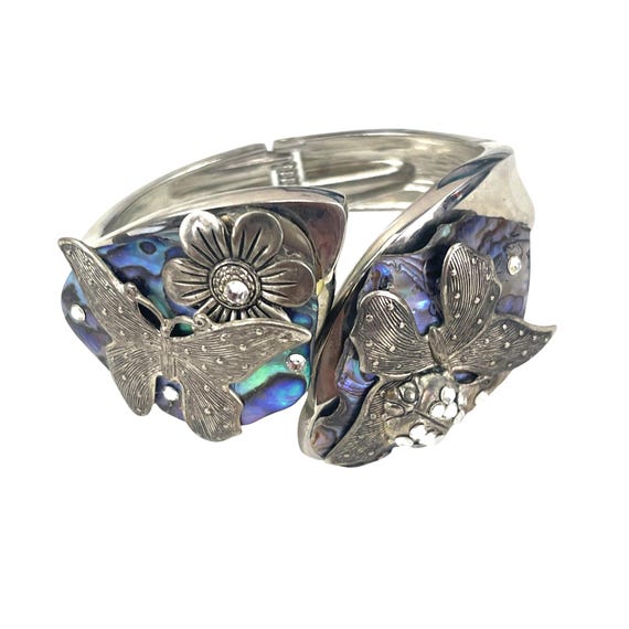 Silver Cuff Butterfly Flower Abalone Shell Woodla… - image 3
