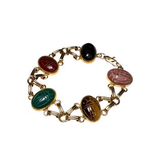 Vintage Gold Scarab Bracelet Multi Gemstone Onyx Carnelian Agate Egyptian Revival