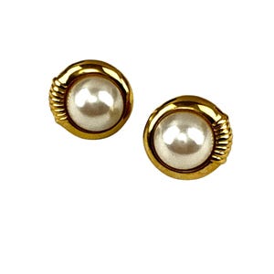 Vintage Gold Tone Clip-On Earrings Faux Pearl Button Classic Retro 1980s Style