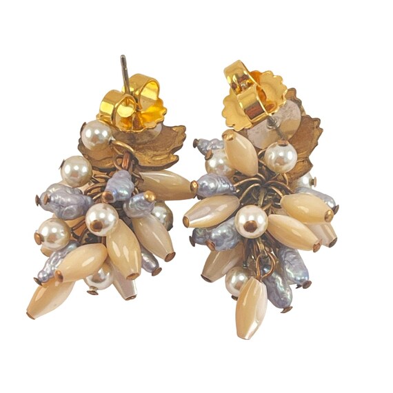 Vintage Gold Leaf Pearl Clusters Dangle Post Earr… - image 3