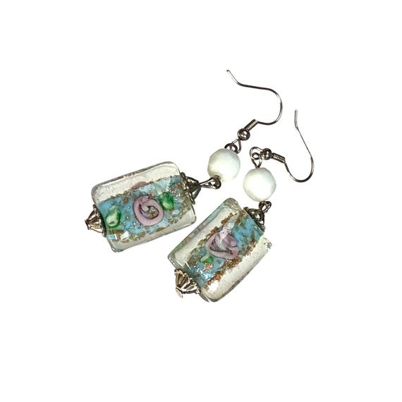 Glass Bead Earrings Rectangular Dangle Handmade B… - image 3