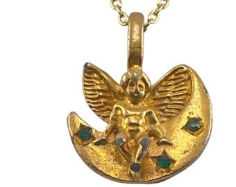 Vintage Gold-Tone Angel Pendant Necklace With Green Accents On 16" Chain