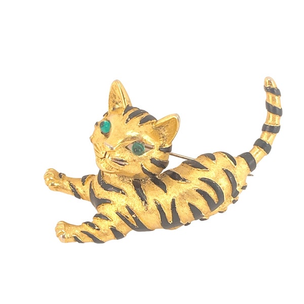 Trifari Style Cat Pin Vintage Green Eyes Tiger Cub Ark Series Stripe Brooch Textured Gold Plated Enamel