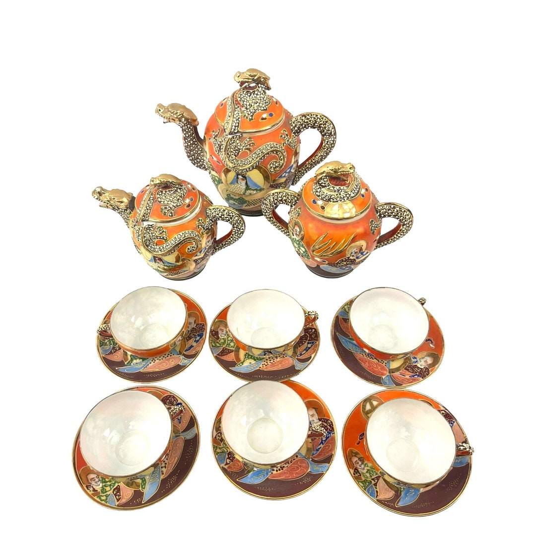 Antique Japanese Satsuma Tea Set With Dragonware Moriage Gold