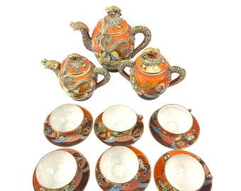 Antique Japanese Satsuma Tea Set with Dragonware Moriage Gold Rimmed