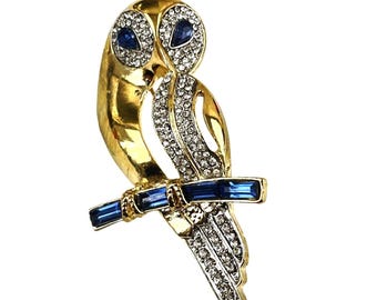 Goudkleurige uil op tak broche blauwe en heldere strass wijsheidsspeld sieraden