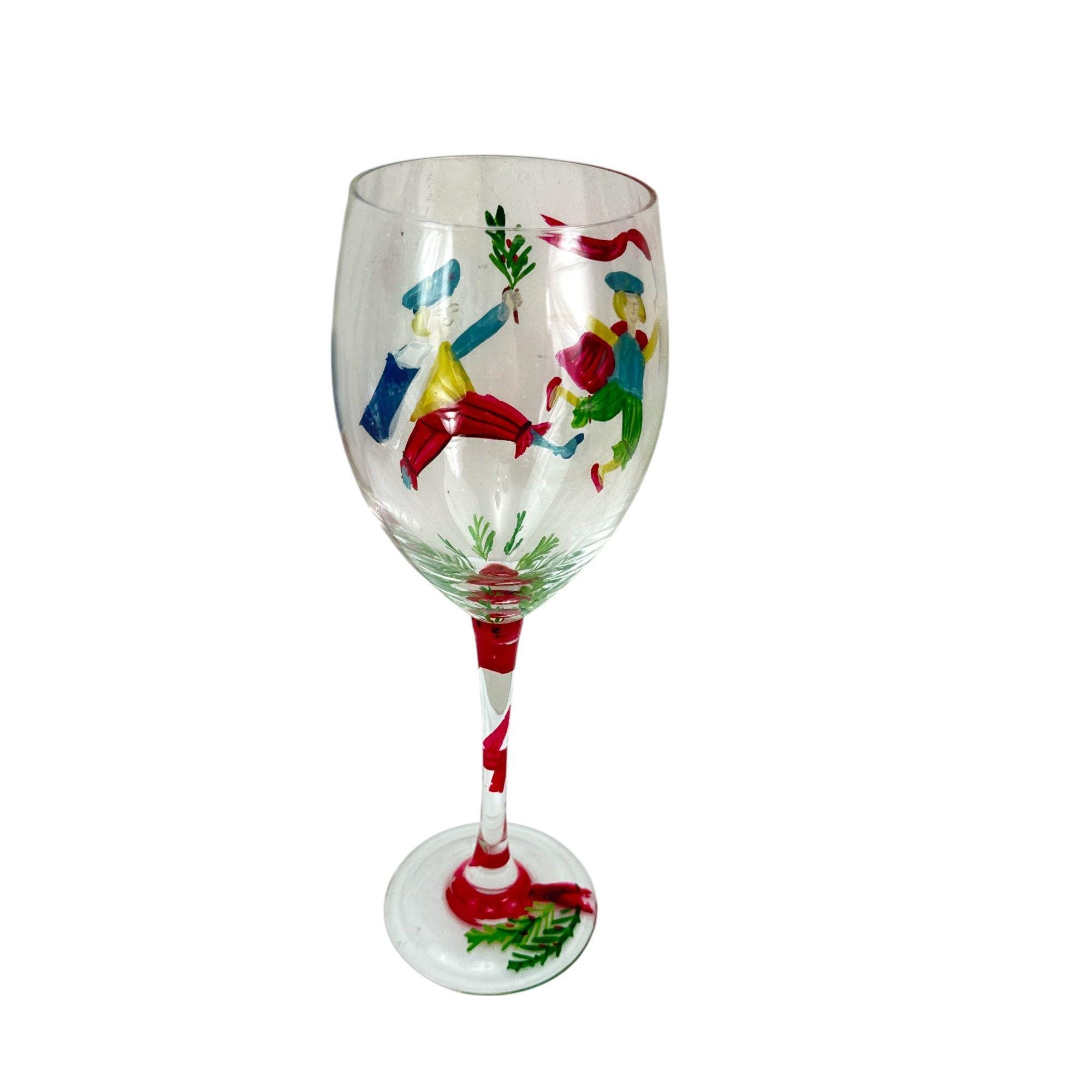 Hand Painted 12 Days Holiday Wine Glass 9" Festive Dancers Ribbon Red Green  Blue Christmas
