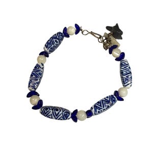 Pulsera vintage de cuentas de porcelana azul y blanca, joyería de cerámica pintada a mano