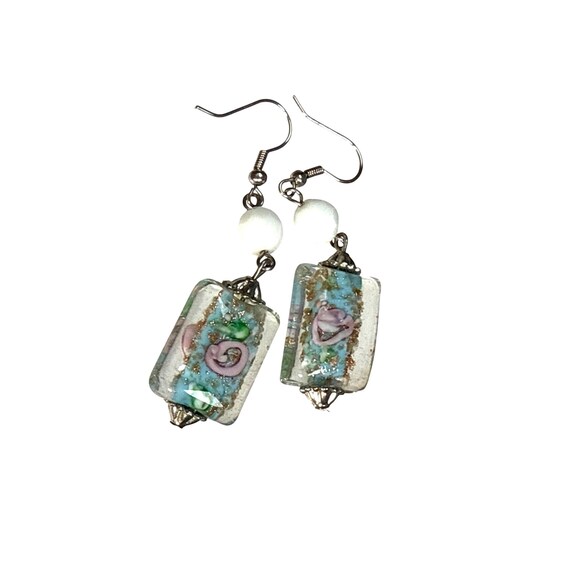 Glass Bead Earrings Rectangular Dangle Handmade B… - image 4