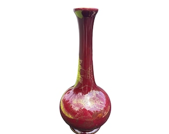 Chinese Style Long Neck Ceramic Vase With Floral Design Red & Gold