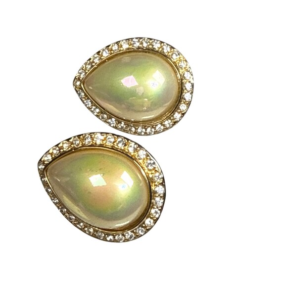Iridescent Teardrop Rhinestone Clip on Earrings Dainty Crystal