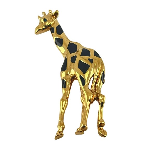 Gold Giraffe Pin Black Enamel Spots Clear Crystal… - image 2