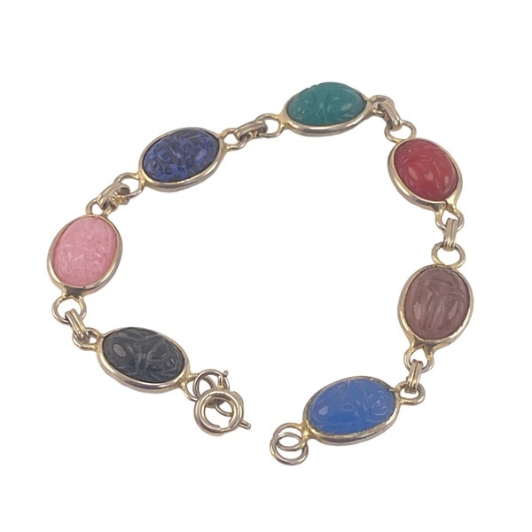 Vintage Glass Scarab Bracelet Size 7.5 Gold Tone