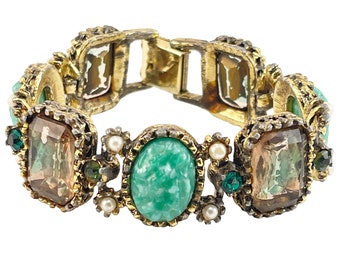 Victorian Revival Link Bracelet with Faux Pearls and Rhinestone Green 7&quot;