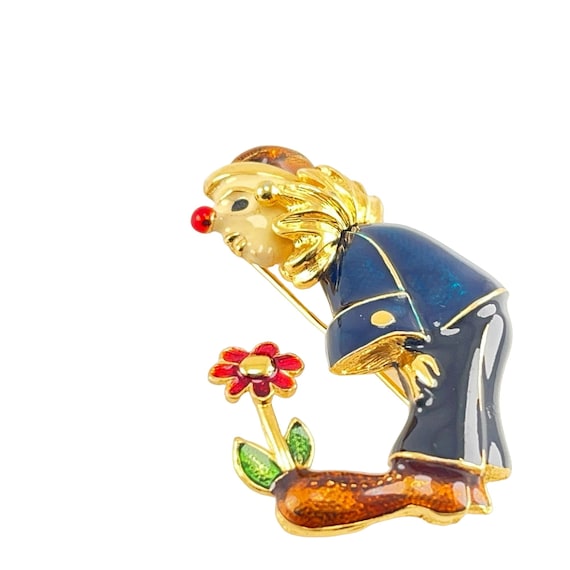 Clown or Jester Pin Enamel with Sprouting Daisy F… - image 1