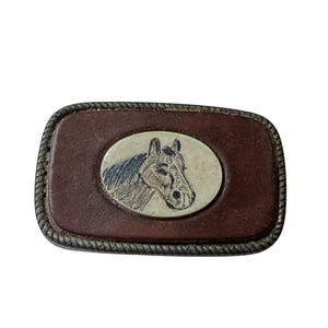 Vintage Western Horse Head Belt Buckle Brown Leather Brass Look Style 682