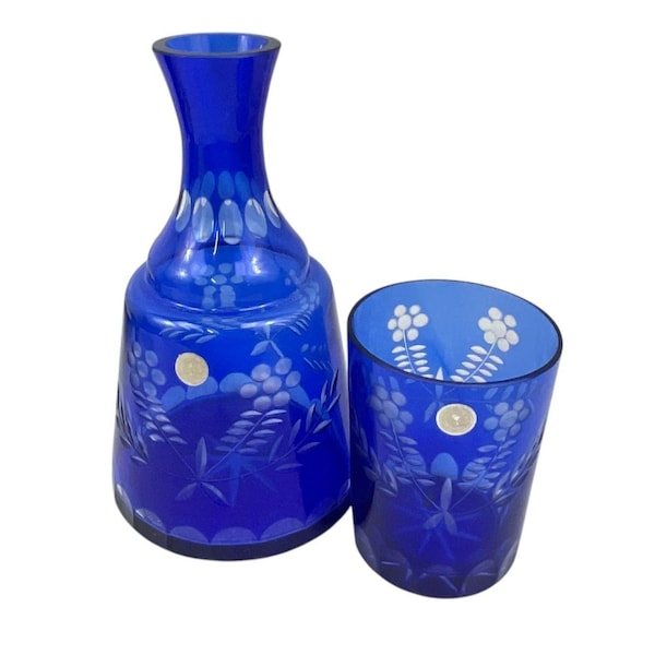 Bohemian Cobalt Blue Bedside Carafe Cut Crystal Carafe & Glass Set By Nachtmann