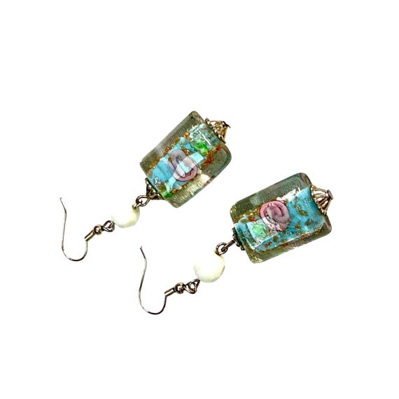 Glass Bead Earrings Rectangular Dangle Handmade B… - image 6