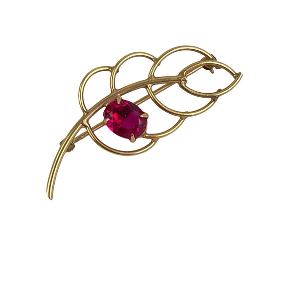 Broche Ancienne Vintage Plaquée Or 12k Avec Rubis Et Perle - Bijou Rétro *3714
