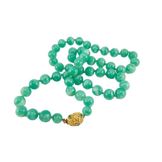 Emerald Green Chalcedony Knotted Bead Necklace wi… - image 3