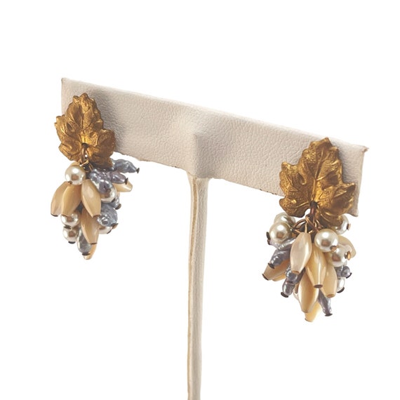Vintage Gold Leaf Pearl Clusters Dangle Post Earr… - image 7