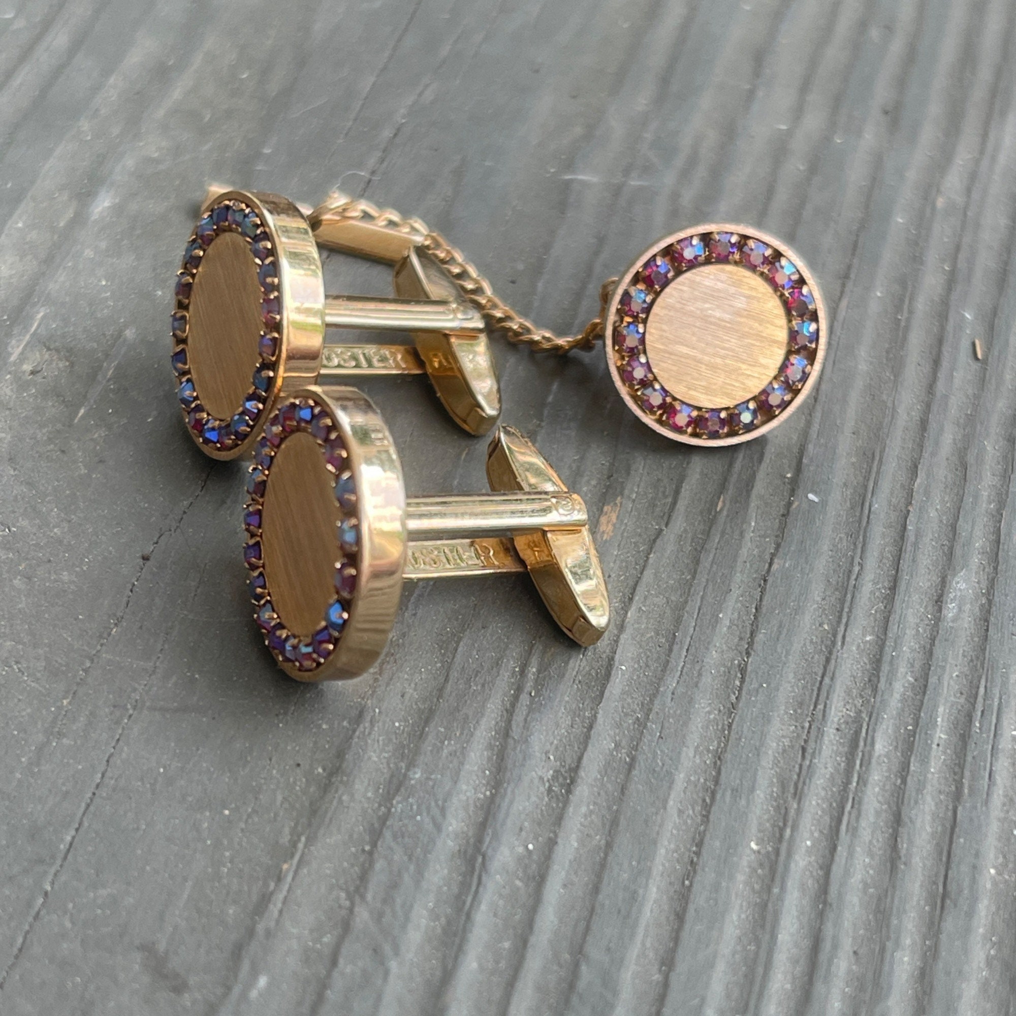 Parure Homme Vintage 70's Boutons De Manchette Et Pince à Cravate - Métal Rhodié Argenté Avec écrin