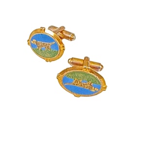Vintage Enamel Hunting Dog Cufflinks Gold Tone Oval Setter Design Gift Pair