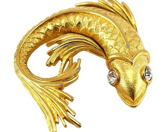 1980s Vintage Monet 2 inch Gold Fish Brooch Pin with Crystal Rhinestone Eyes