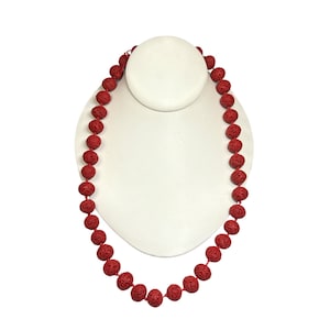 Antique Chinese Cinnabar Beaded Necklace 26in Hand Knotted Silver Clasp