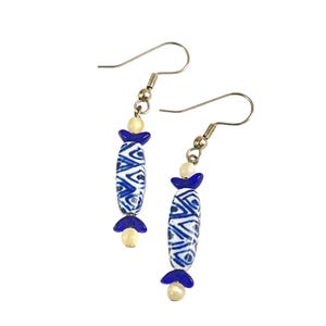 Blue & White Candy-Inspired Dangle Earrings With Hook Closure Boho Artisan