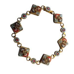 Vintage Italian Micro Mosaic Bracelet Floral Square Link 7&quot; Millefiori