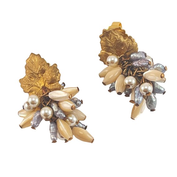 Vintage Gold Leaf Pearl Clusters Dangle Post Earr… - image 2
