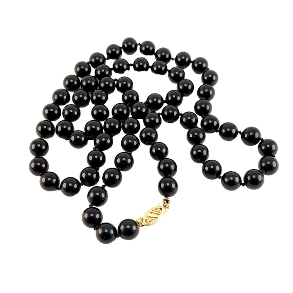 Black Onyx 8mm Beaded Necklace Hand Knotted 14K Y… - image 1