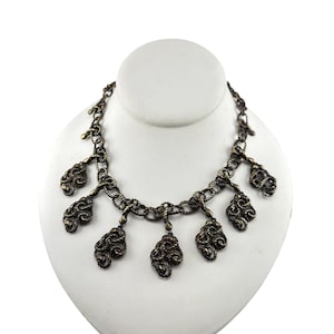 Vintage Brutalist Bronze Statement Necklace Textured Chain Dangle Pendant Choker