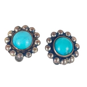 Vintage Sterling Silver and Turquoise Screw Back Earrings 1940s