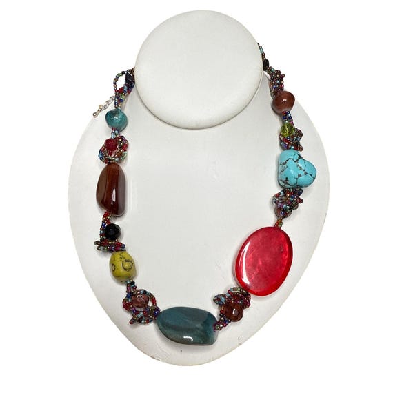 Handmade Multicolor Gemstone Bead Statement Neckl… - image 2