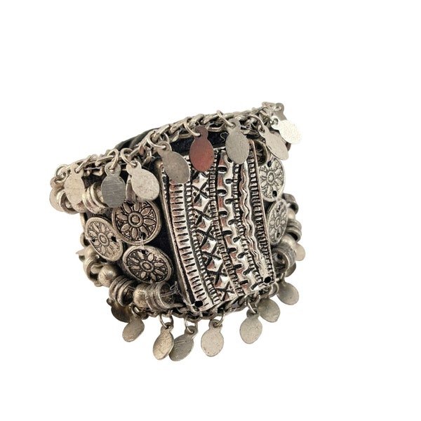 Silver Plated Ethnic Inspired Cuff on Leather with Snap Closure