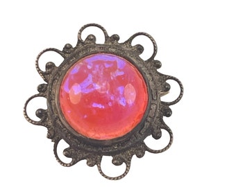 Dragons Breath Pin Brooch Antique Sterling Silver Scrollwork Round Cabochon Stone 1"